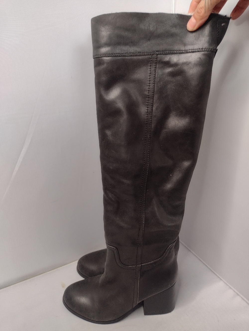 Jeffrey Campbell Woodvurn Leather Over The Knee Sherpa Boots 6 Gray Block Heel